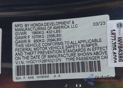 2023 Honda Accord Lx from USA, damaged, VIN 1HGCY1F28PA021379